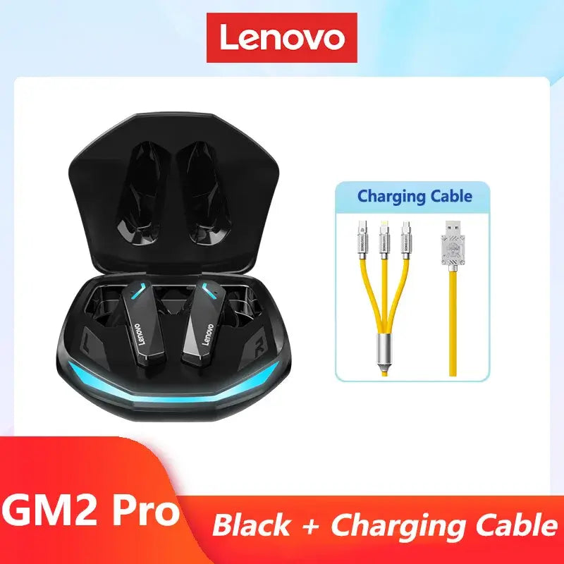 Original Lenovo GM2 Pro wireless earbuds with charging case and cable, featuring dynamic sound and low latency.