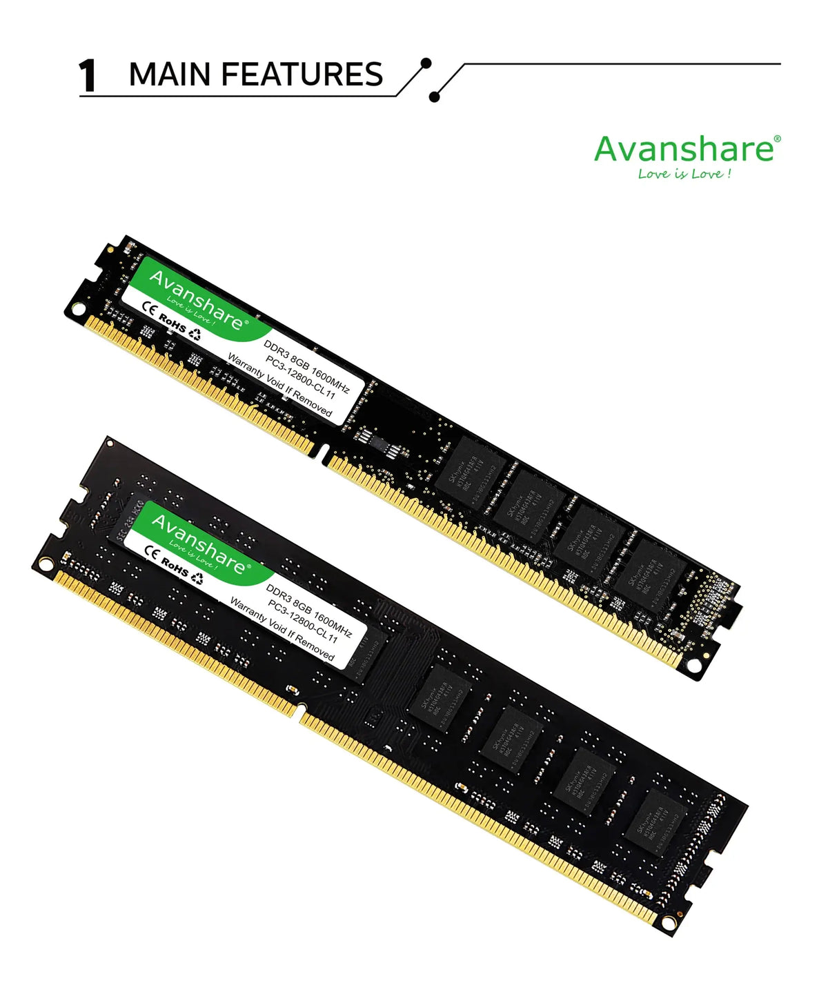 Memoria RAM DDR3 DDR4 Avanshare de 16 GB, 8 GB, 4 GB, 2 GB, 1333, 1600, 2400, 2666 y 3200 MHz, para escritorio, UDIMM, para todas las placas base Intel y AMD