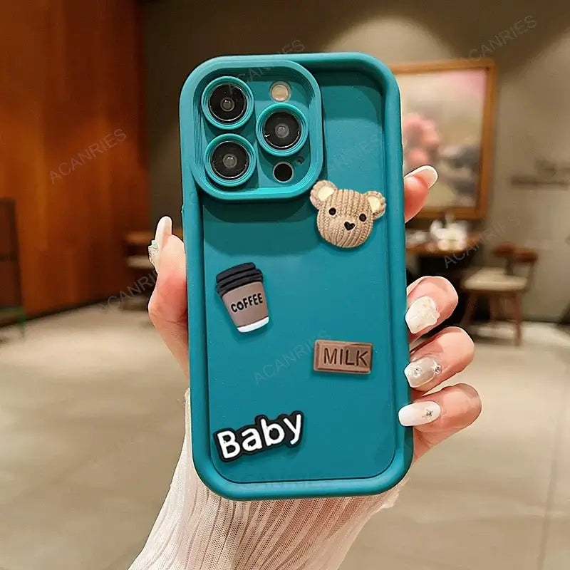 Cute 3D Bear Coffee Cartoon Silicone Case For Iphone 15 12 11 13 14 Pro Max 7 8 Plus X Xs Xr 15pro 14pro 15plus Soft Matte Cover