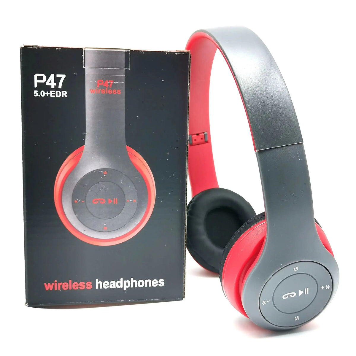 Bluetooth 5.0 wireless headphones in red and gray with box, stylish earphones for kids and adults.