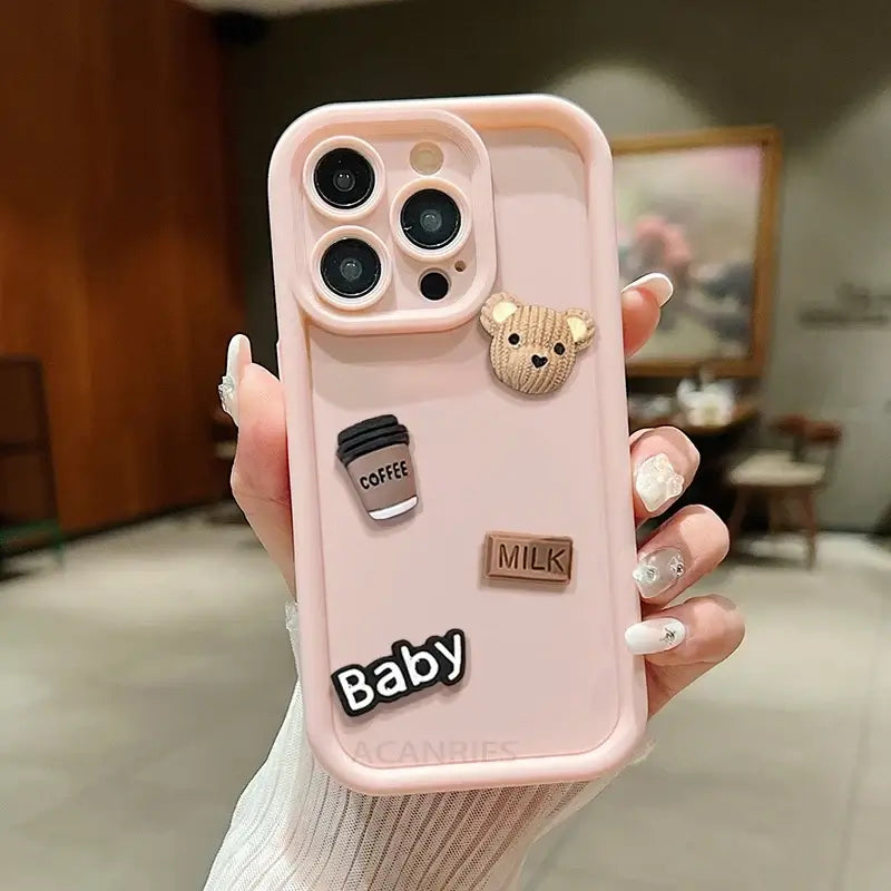 Cute 3D Bear Coffee Cartoon Silicone Case For Iphone 15 12 11 13 14 Pro Max 7 8 Plus X Xs Xr 15pro 14pro 15plus Soft Matte Cover