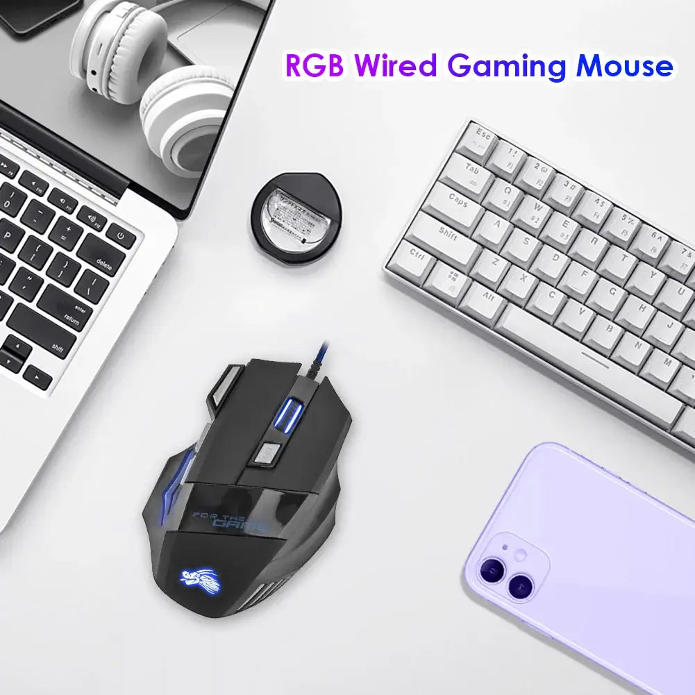 Wired Gaming Mouse 7-Color Backlight 5500 DPI Adjustable Black Wired Optical Computer Gaming Mice for PC Gamer Computer Desktop