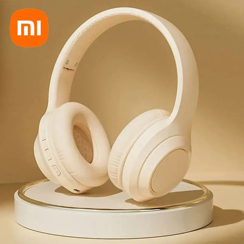 Xiaomi wireless headphones displayed on a stand, featuring plush ear cups and sleek design.