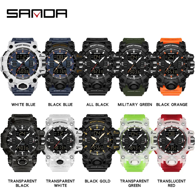 SANDA Reloj electrónico de lujo estilo G para hombre, para deportes al aire libre, LED, analógico, digital, cronógrafo, militar, pantalla dual, resistente al agua hasta 50 m