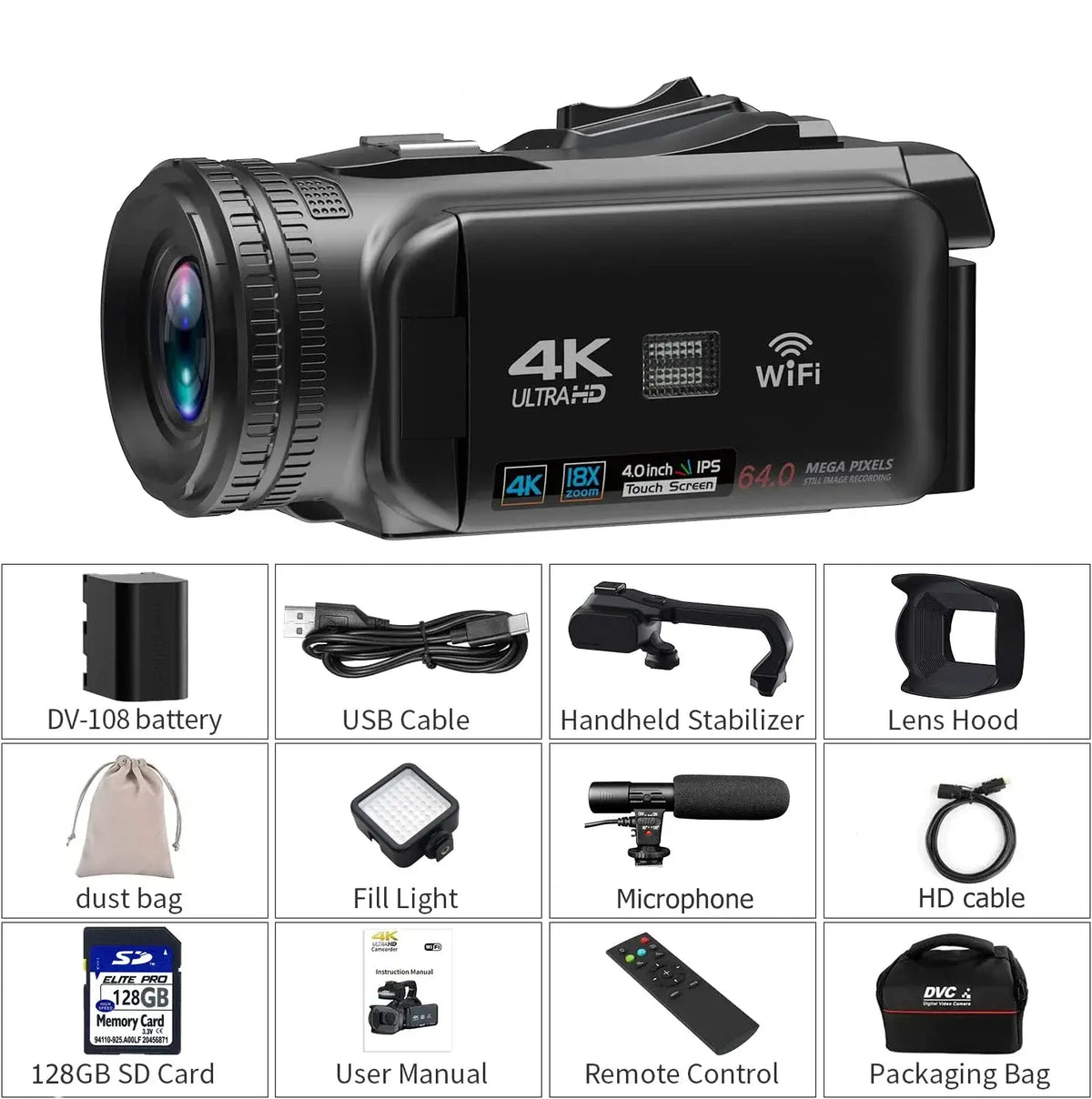 WIFI-Camcorder, 4K-Videokamera, 64 MP, 60 FPS, HD, Autofokus, Vlogging, 4,0-Zoll-Touchscreen, 18-facher Zoom für Live-Streaming