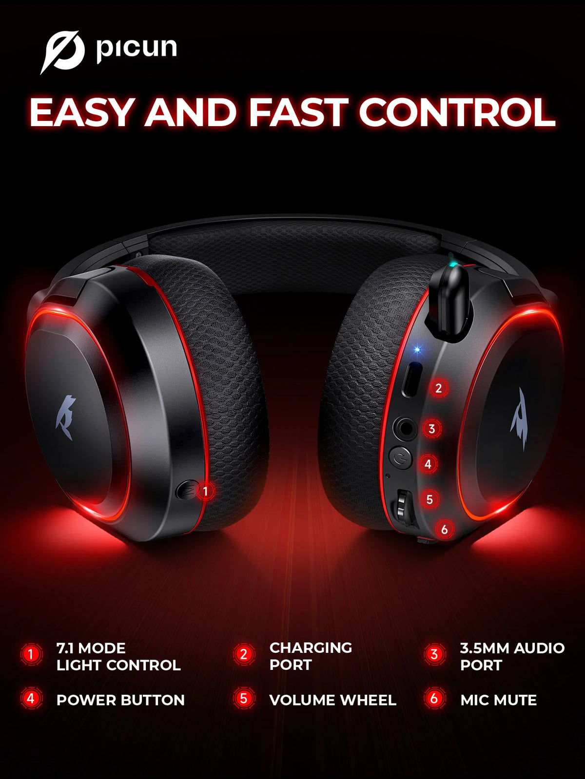 Picun G2 Kabelloses Gaming-Headset Bluetooth 5.3 2.4G Kopfhörer 7.1 Surround 5ms Niedrige Latenz ENC-Mikrofon für PC PS4 PS5 Telefonschalter