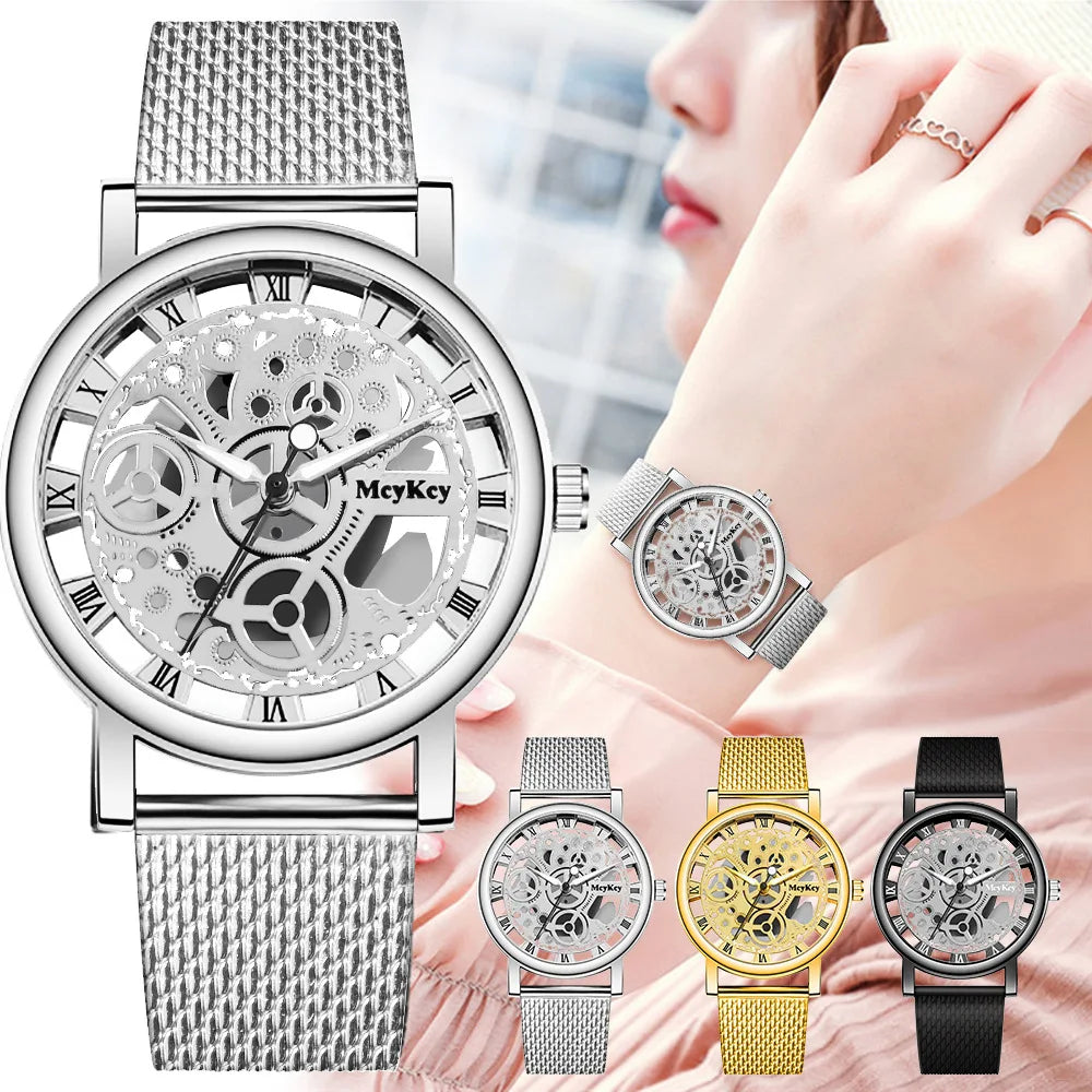 Neue Mode Top Frauen Hohl Skeleton Faux Mechanische Uhr Damen Metall Mesh Quarz Armbanduhren Für Weibliche Relogio Feminino