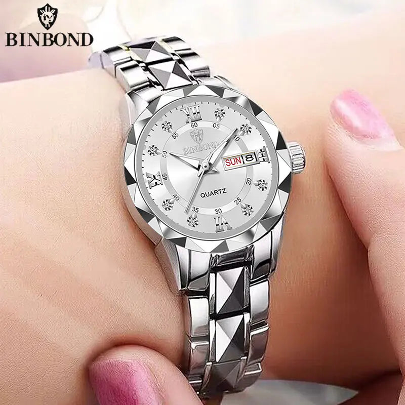 BINBOND B2521 Reloj de cuarzo de lujo de primera marca para mujer, resistente al agua hasta 30 m, con fecha y semana, deportivo, para negocios y negocios