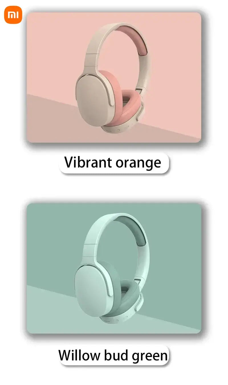 Xiaomi wireless headphones in vibrant orange and willow bud green showcasing modern design and color options.