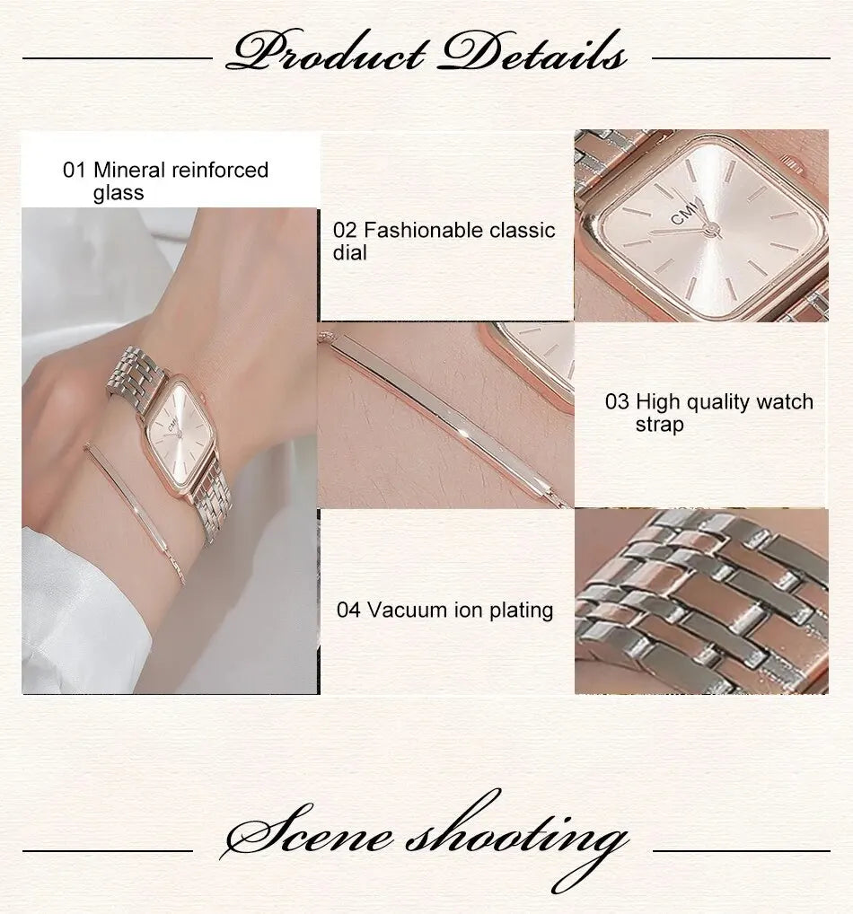 Beliebte Frauen Square Roman Stahl Gürtel Quarz Uhr Armband Set