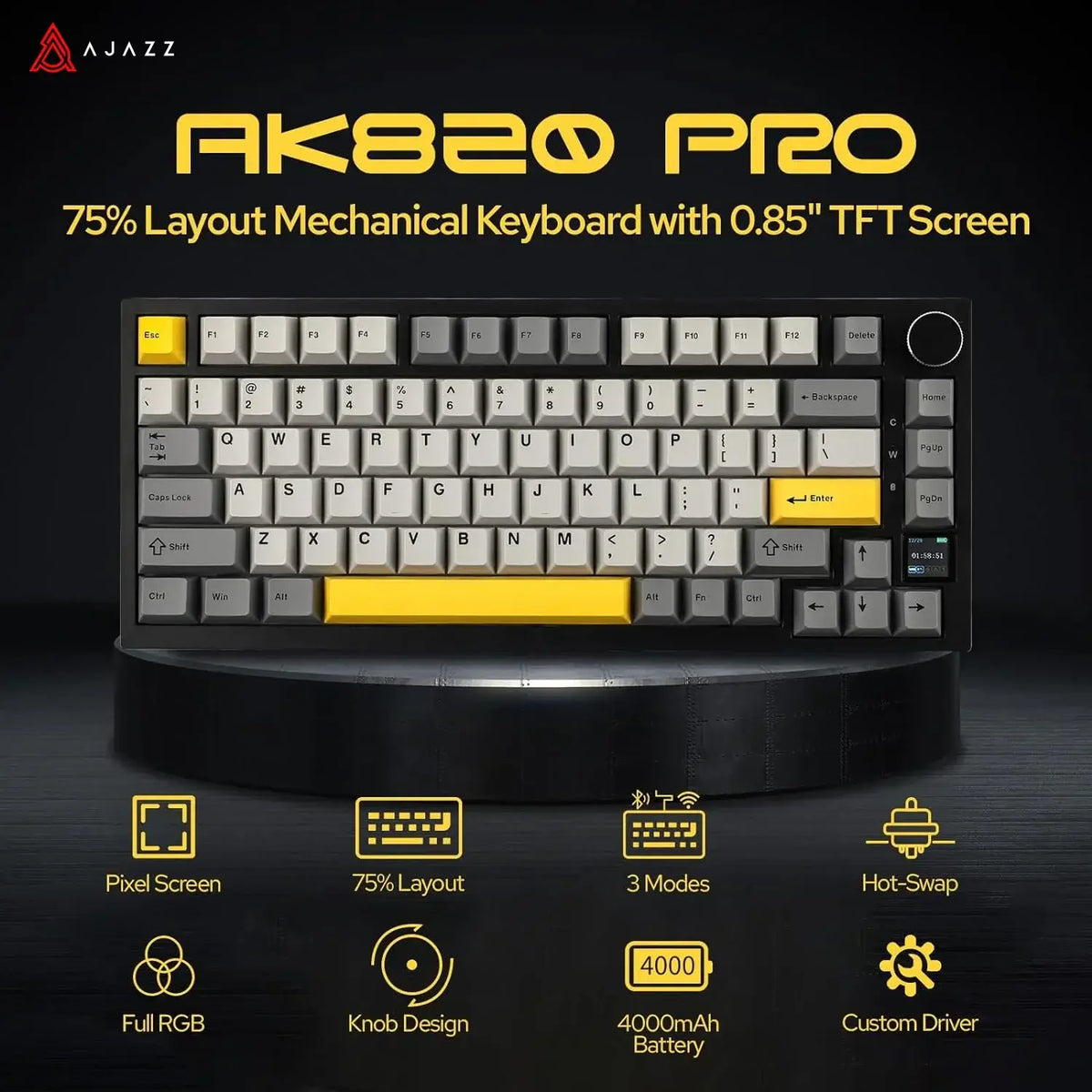 Ajazz AK820 Pro Gaming Mechanische Tastatur Bluetooth/Kabellos/Kabelgebunden Angepasste Tastatur mit TFT-Farbbildschirm-Knopf 136 Tastenkappen