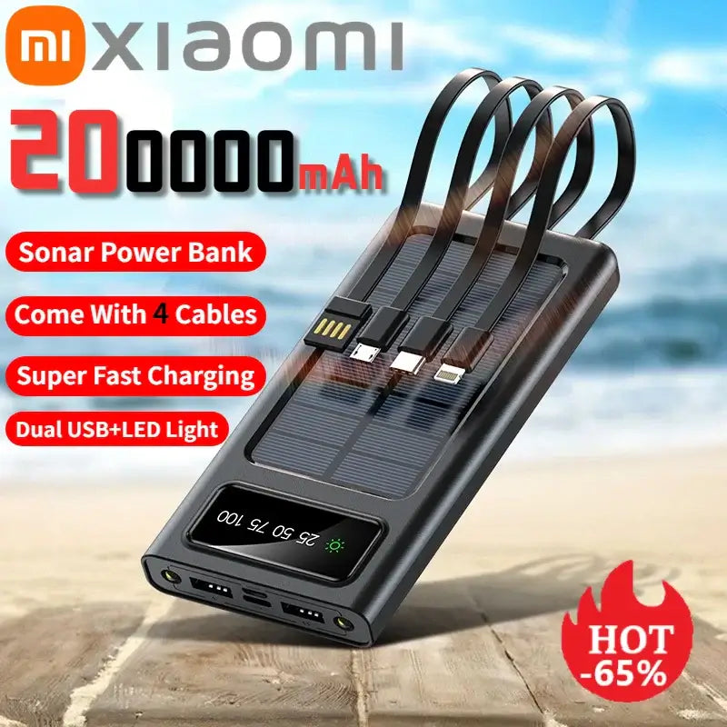 Banco de energía solar Xiaomi de 200 000 mAh, gran capacidad, batería de carga rápida para móviles con 4 cables USB duales para iPhone y Samsung