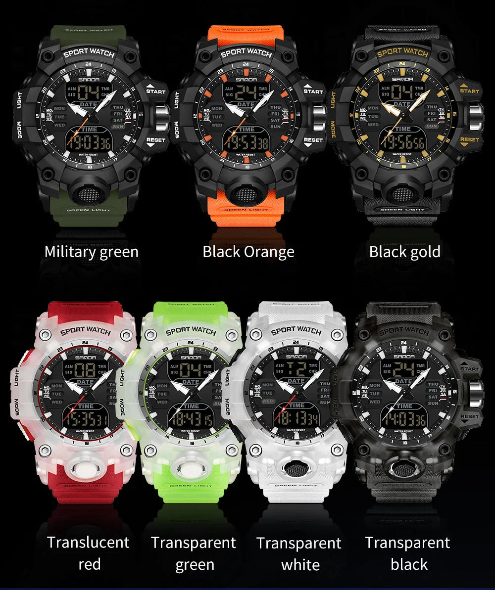 SANDA Reloj electrónico de lujo estilo G para hombre, para deportes al aire libre, LED, analógico, digital, cronógrafo, militar, pantalla dual, resistente al agua hasta 50 m