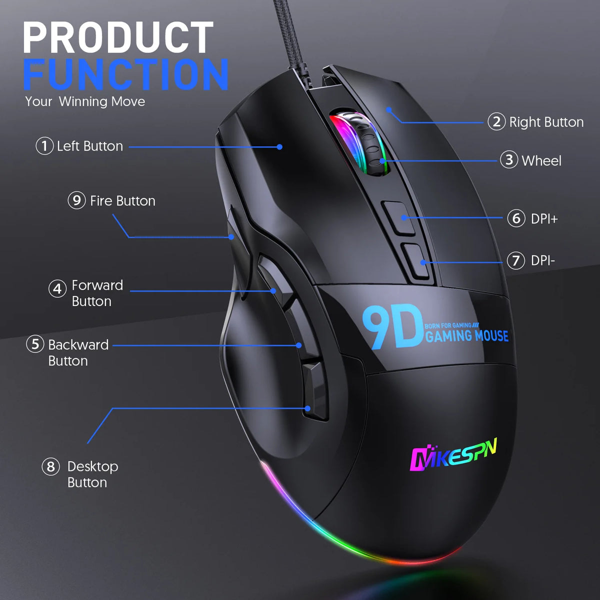 12000DPI Makro RGB Gaming-Maus 9 Programmierbare Tasten Spielmaus RGB-Licht Max bis 6 Stufen Für PC Mac Gun PUBG Laptop