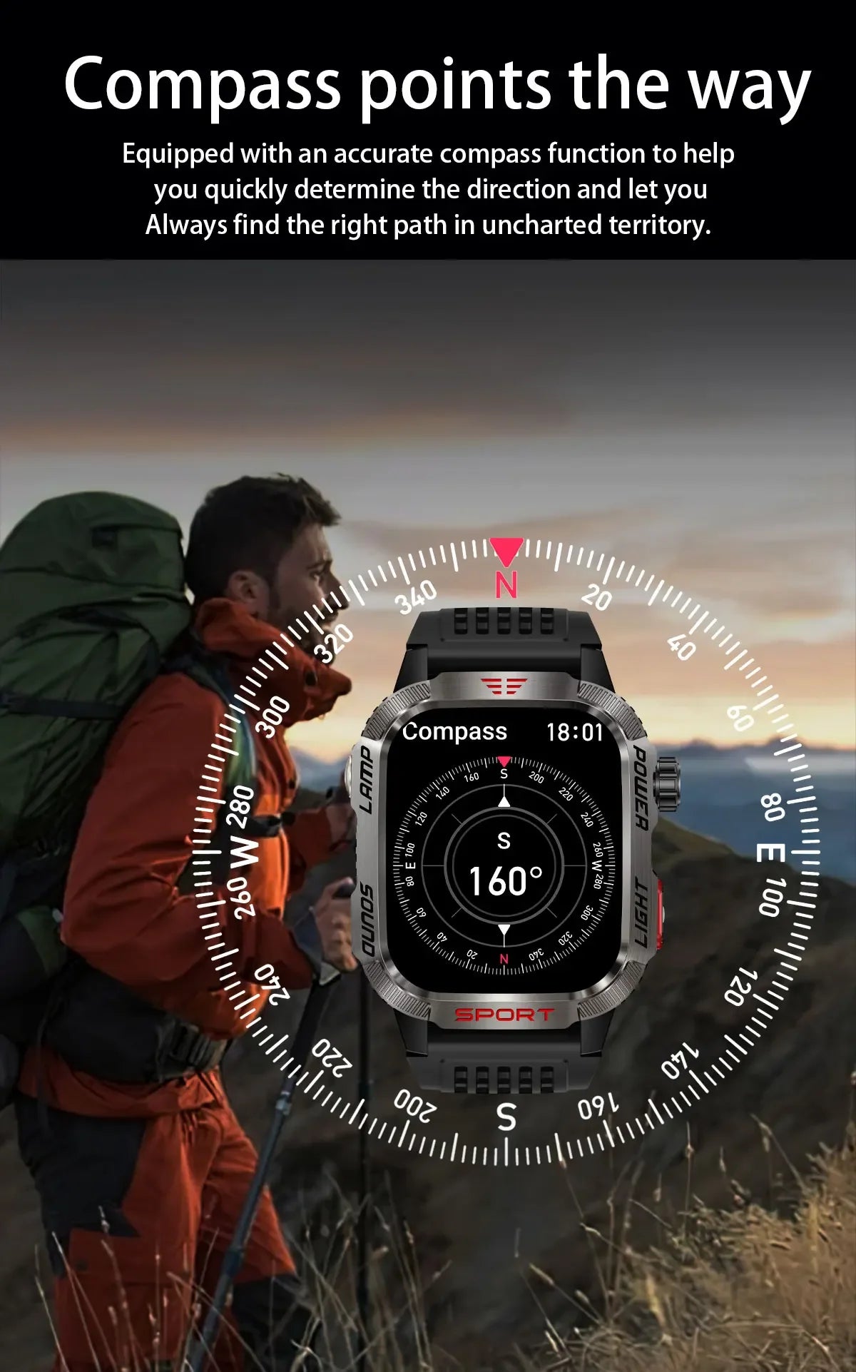 Neue 2,01-Zoll-Smartwatch für Herren im Freien, 3ATM wasserdicht, 600 mAh-Batterie, Kompass, LED-Taschenlampe, Bluetooth-Anruf, Smartwatch für Xiaomi