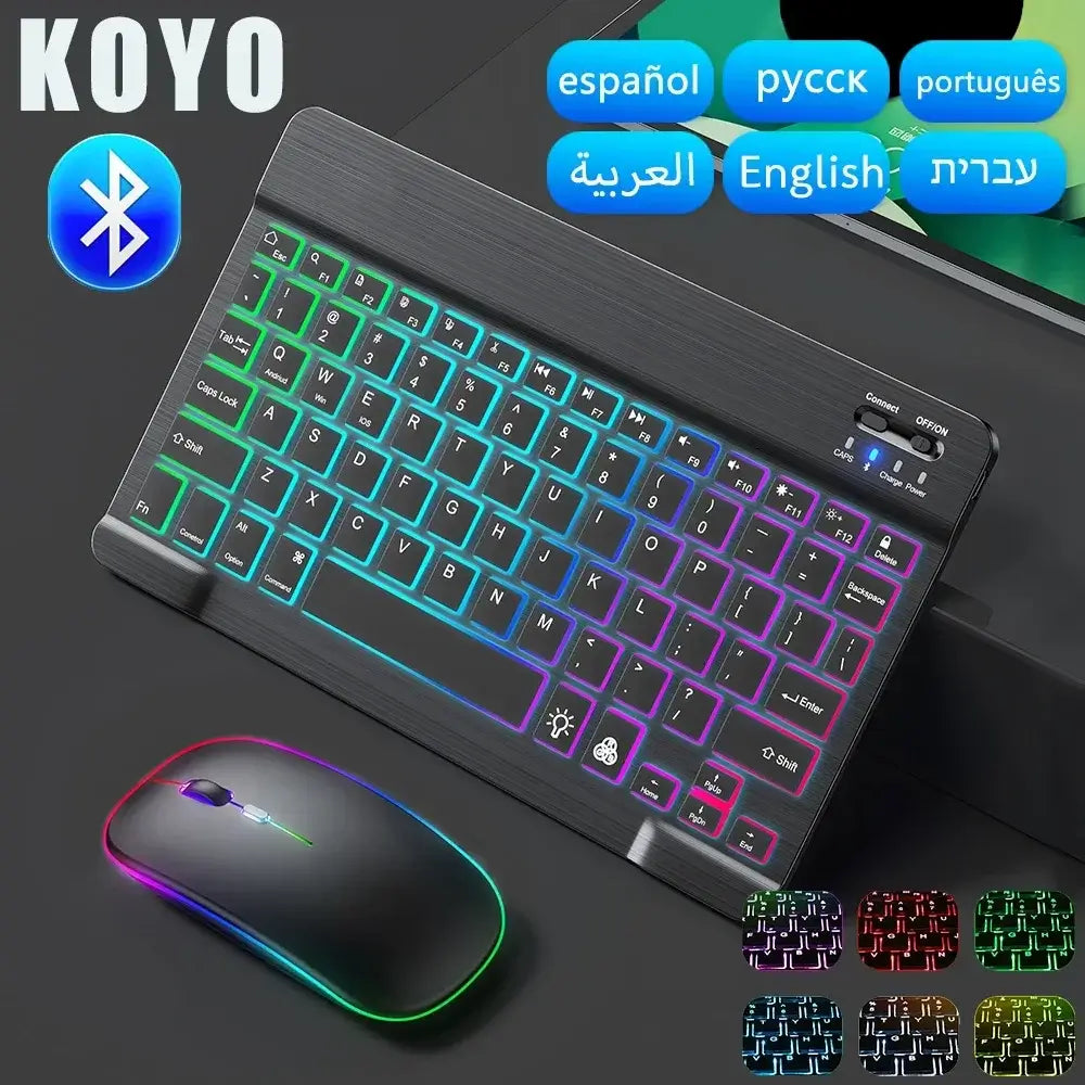 10-Zoll-RGB-Bluetooth-Tastatur mit Hintergrundbeleuchtung, kabellose Mini-Maus für spanische und russische Tastatur, wiederaufladbare RGB-Tastaturmaus mit Hintergrundbeleuchtung