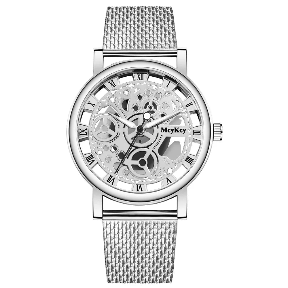 Neue Mode Top Frauen Hohl Skeleton Faux Mechanische Uhr Damen Metall Mesh Quarz Armbanduhren Für Weibliche Relogio Feminino