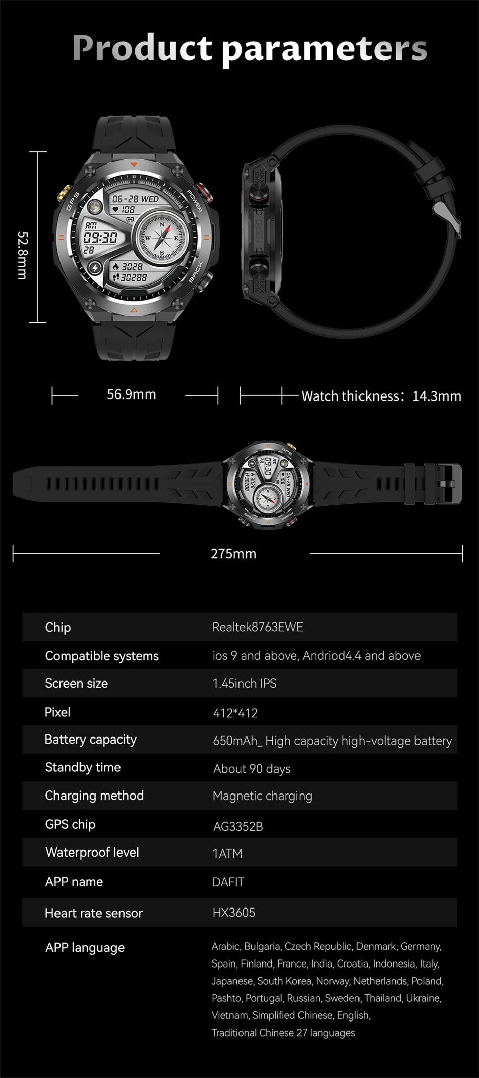 Militärische Outdoor-Smartwatch für Männer, 1 ATM wasserdicht, Kompass, GPS, Höhendrucküberwachung, Uhr mit 650 mAh, Bluetooth-Anruf, Smart Watch