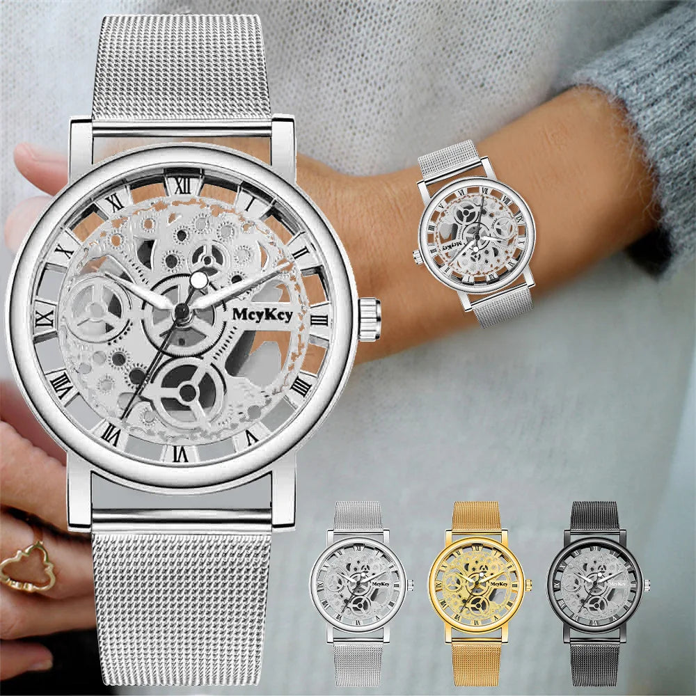 Neue Mode Top Frauen Hohl Skeleton Faux Mechanische Uhr Damen Metall Mesh Quarz Armbanduhren Für Weibliche Relogio Feminino