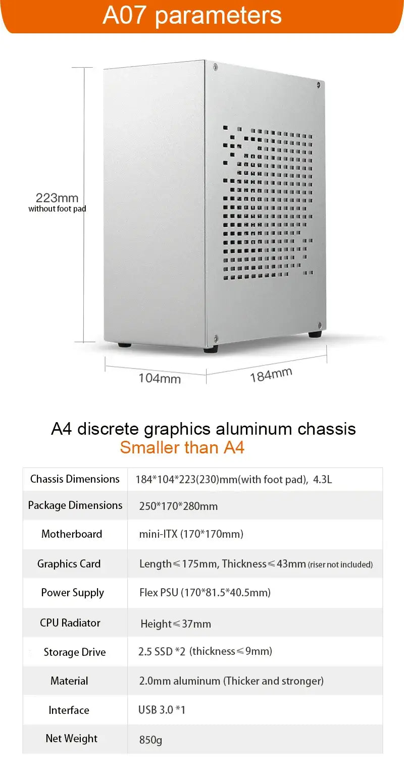 Chasis HTPC Mini ITX A4 de aluminio de 2,0 mm para ordenador de juegos, compatible con tarjeta gráfica RTX2070 I5, caja de pantalla discreta K39 A07 A39