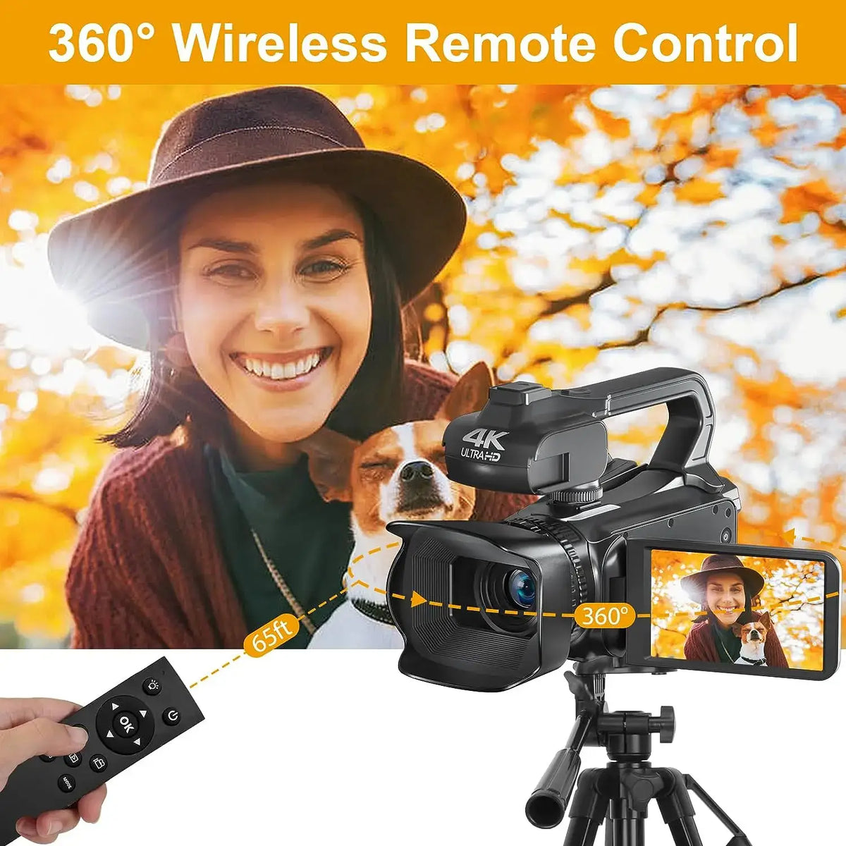 Cámara de vídeo 4K, videocámara de 64 MP para transmisión en vivo de YouTube, grabadora de vlogs digital con pantalla táctil giratoria de 4.0", cámara web con enfoque automático WIFI de 18X