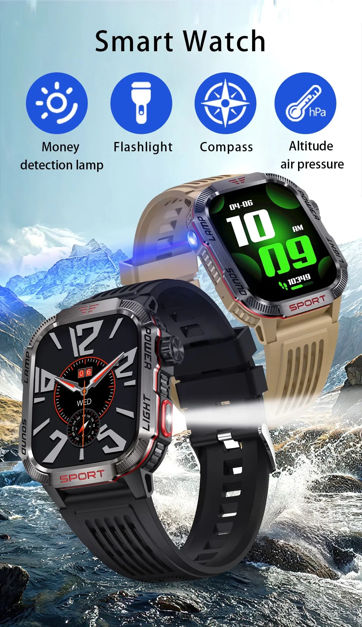 Neue 2,01-Zoll-Smartwatch für Herren im Freien, 3ATM wasserdicht, 600 mAh-Batterie, Kompass, LED-Taschenlampe, Bluetooth-Anruf, Smartwatch für Xiaomi