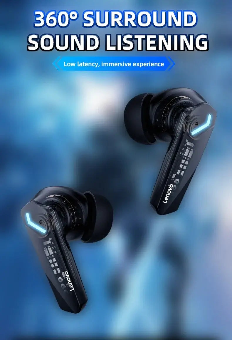 Lenovo GM2 Pro wireless earbuds showcasing 360° surround sound for immersive listening experience.