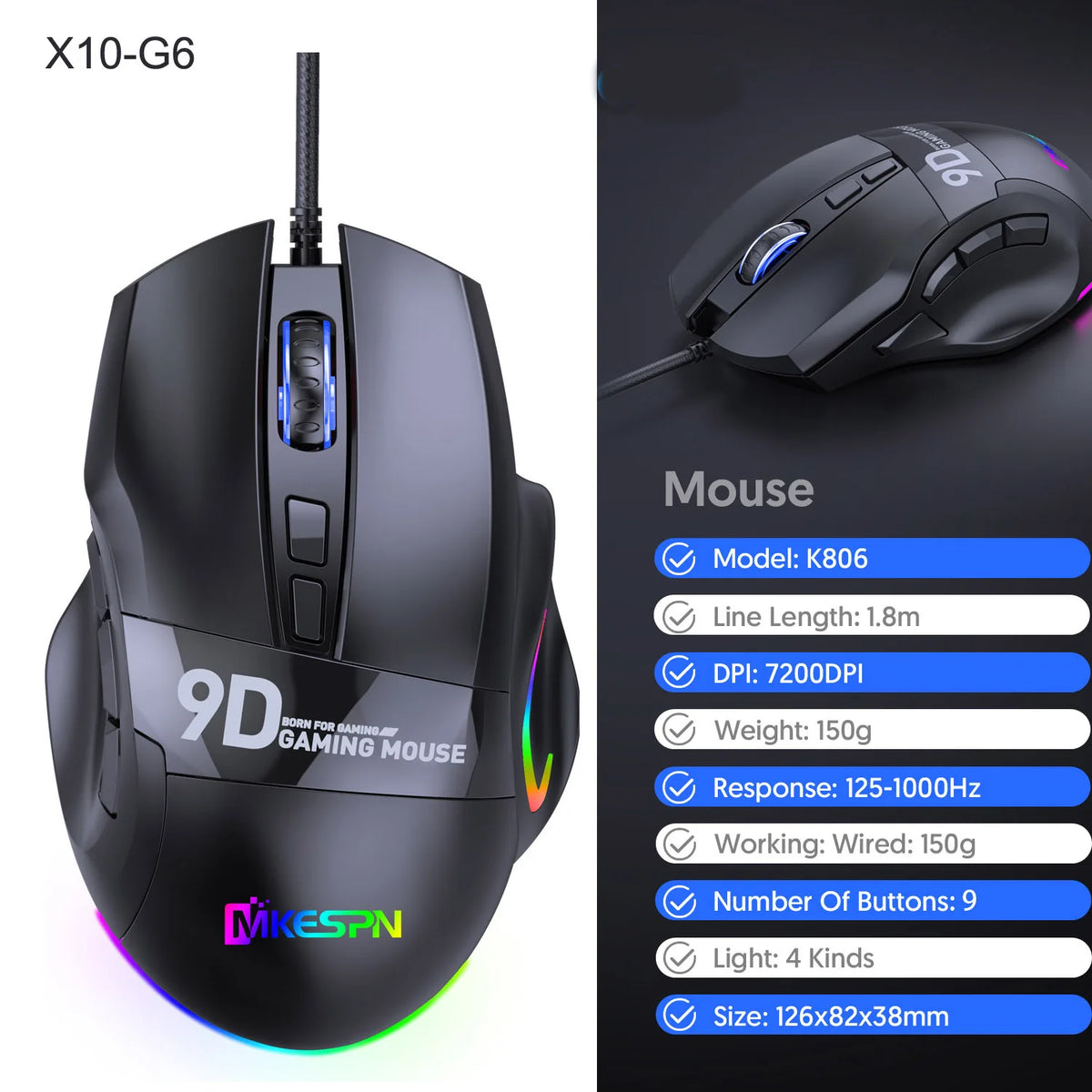 12000DPI Makro RGB Gaming-Maus 9 Programmierbare Tasten Spielmaus RGB-Licht Max bis 6 Stufen Für PC Mac Gun PUBG Laptop