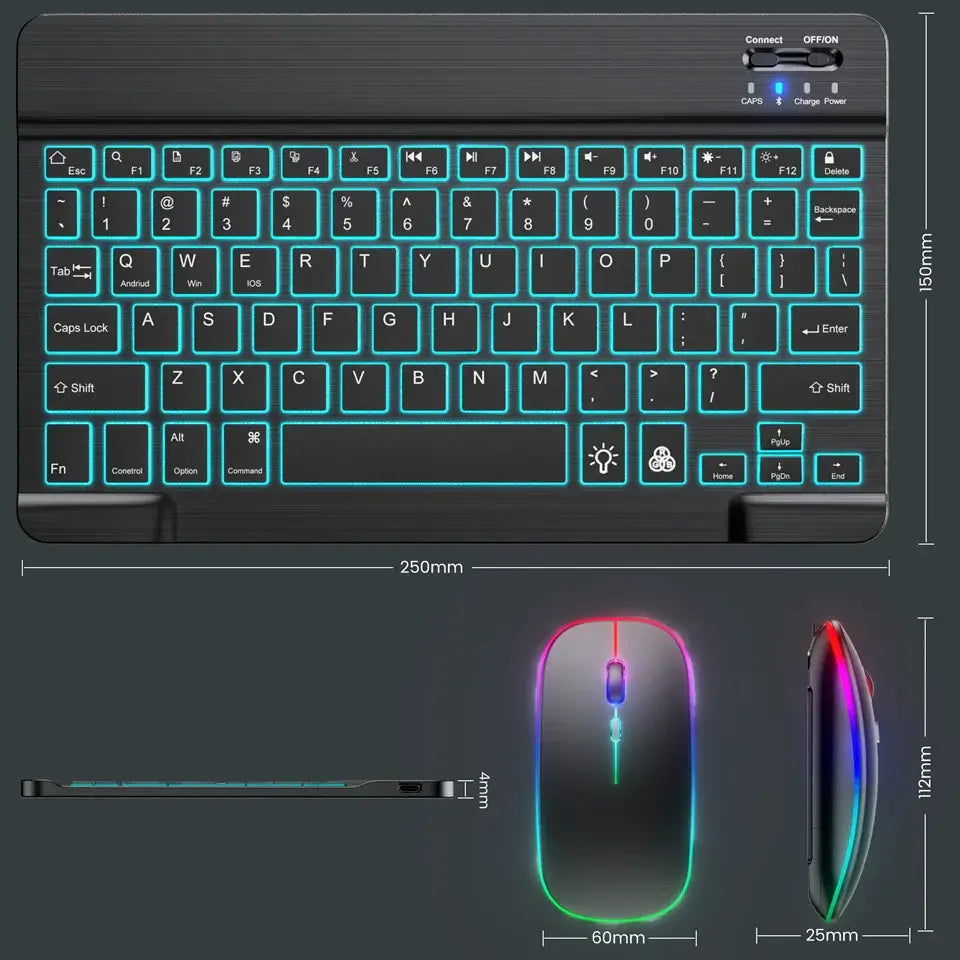 10-Zoll-RGB-Bluetooth-Tastatur mit Hintergrundbeleuchtung, kabellose Mini-Maus für spanische und russische Tastatur, wiederaufladbare RGB-Tastaturmaus mit Hintergrundbeleuchtung