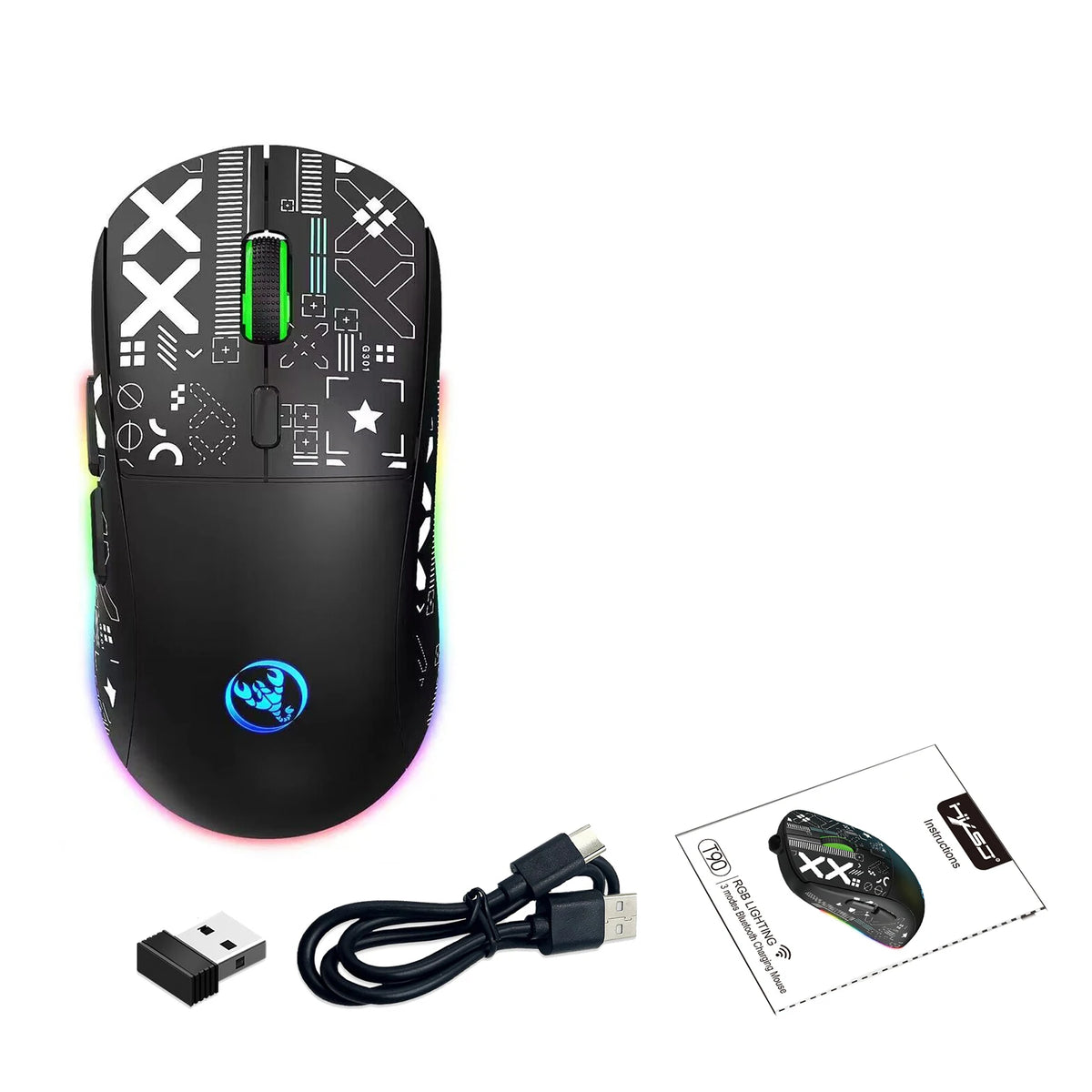 hxsj T90 2.4G Wireless Mechanical Mouse RGB Gaming Mouse Ergonomic 10 Million Keystroke 3600DPI Mouse 11 RGB Lighting Modes Mice