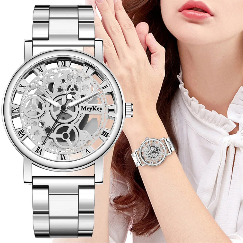 Neue Mode Top Frauen Hohl Skeleton Faux Mechanische Uhr Damen Metall Mesh Quarz Armbanduhren Für Weibliche Relogio Feminino