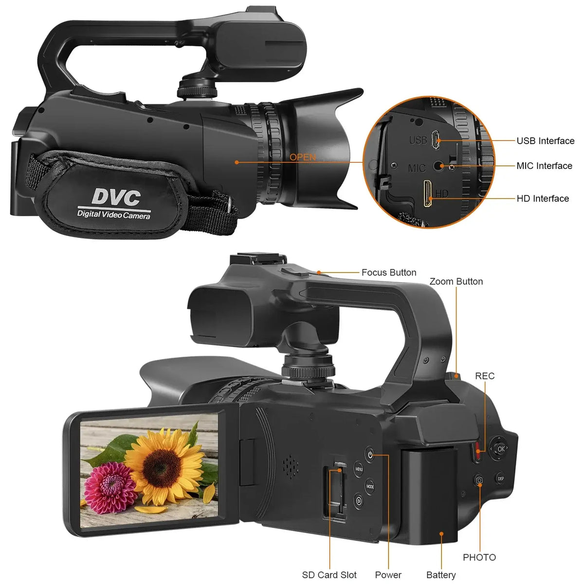 4K Professionelle Videokameras für Fotografie 64MP Ultra HD 18X Digitalzoom Camcorder YouTube Live-Streaming Vlog Recorder