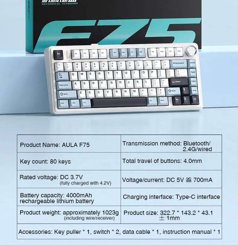 AULA F75 2.4G Wireless/Bluetooth/Wired Gaming Mechanical Keyboard RGB Customized 75% Layout OEM Profile Gasket Structure