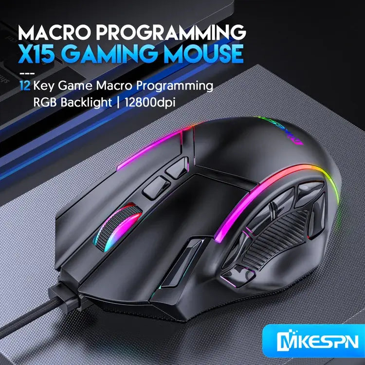 12800DPI Free Weight Macro RGB Gaming Mouse 12 Programmable Keys Game Mouse RGB Light Max to 6 levels For pc mac gun PUBG Laptop