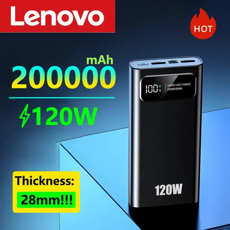 Banco de energía de carga súper rápida Lenove de 120 W, 200 000 mAh, capacidad ultragrande, pantalla digital, banco de energía para batería externa de iPhone