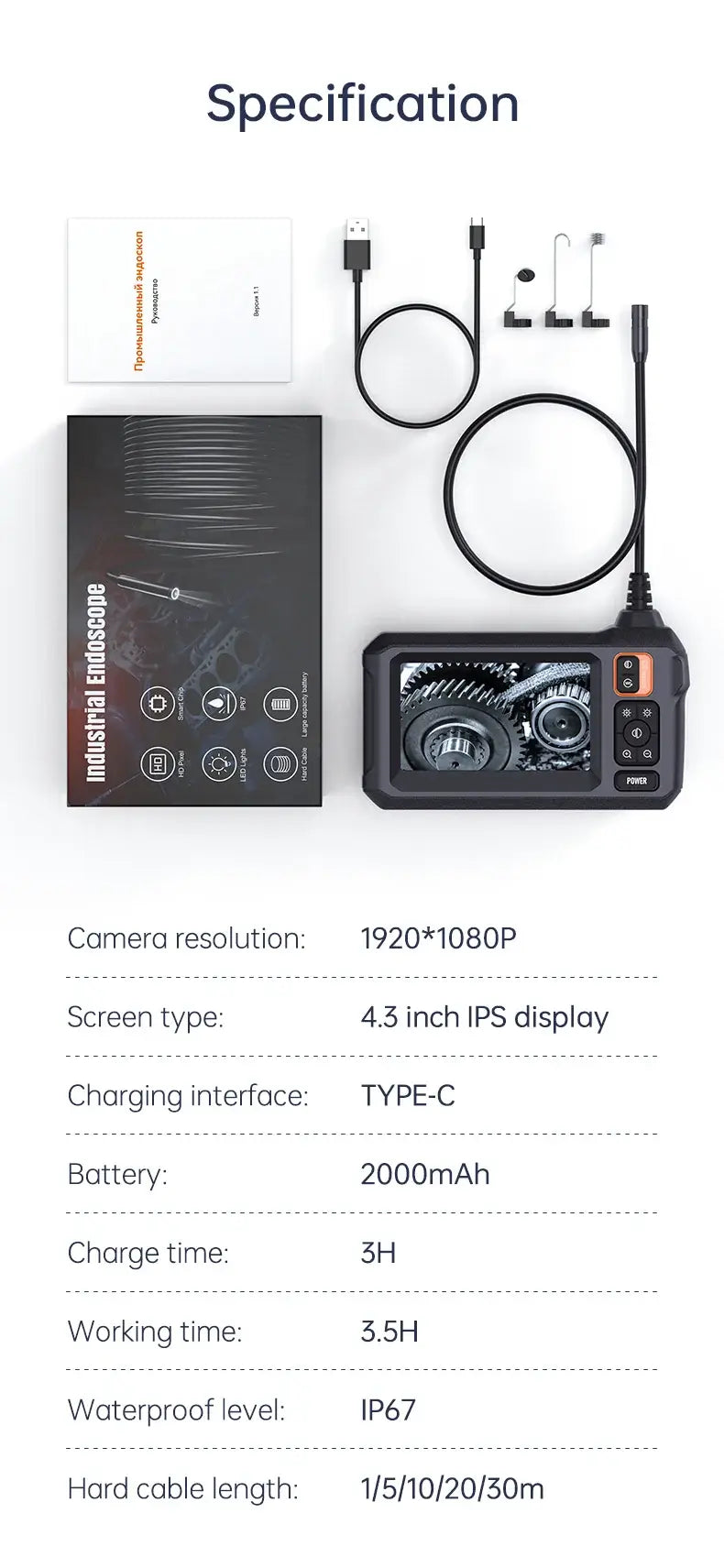 4.3IPS Screen, Industrial Endoscope, IP67 Waterproof LED Camera HD1080P Pipe, Sewer Car Inspection, Endoscope