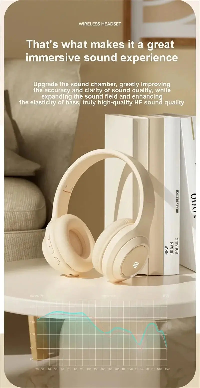 Wireless headset on a table highlighting immersive sound experience and upgraded sound quality.