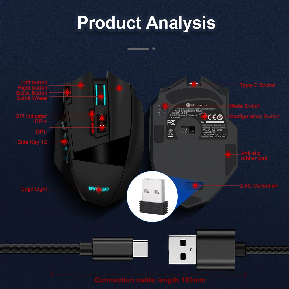 E-YOOSO X-33 RGB USB 2.4G Wireless Gaming Mouse 16000 DPI 16 Buttons Programmable Game Optical Mice for Computer PC Laptop