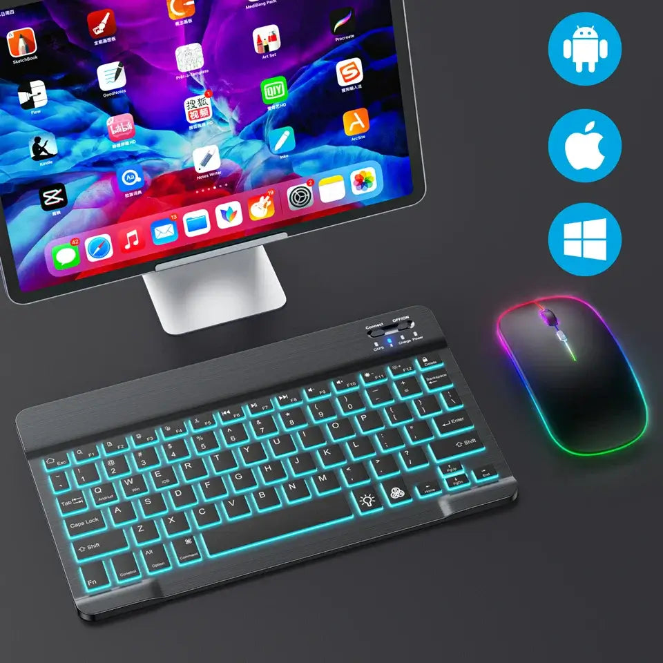 10-Zoll-RGB-Bluetooth-Tastatur mit Hintergrundbeleuchtung, kabellose Mini-Maus für spanische und russische Tastatur, wiederaufladbare RGB-Tastaturmaus mit Hintergrundbeleuchtung