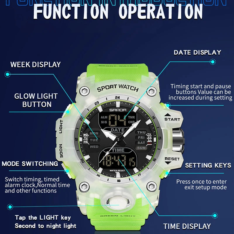 SANDA Reloj electrónico de lujo estilo G para hombre, para deportes al aire libre, LED, analógico, digital, cronógrafo, militar, pantalla dual, resistente al agua hasta 50 m