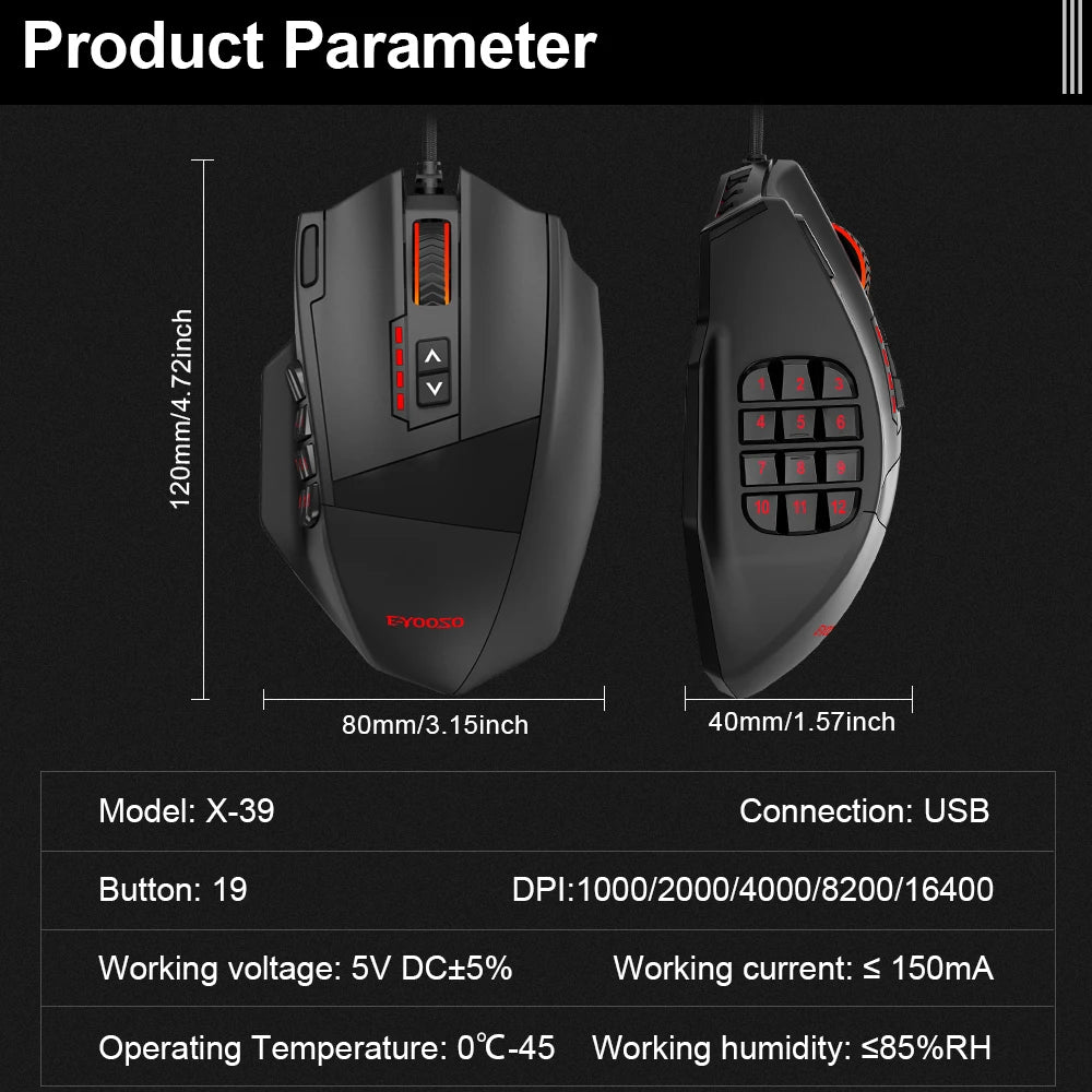 E-YOOSO X-39 USB Wired RGB Gaming Mouse 16400 DPI PAW3327 19 buttons programmable game Optical mice for Computer PC Laptop