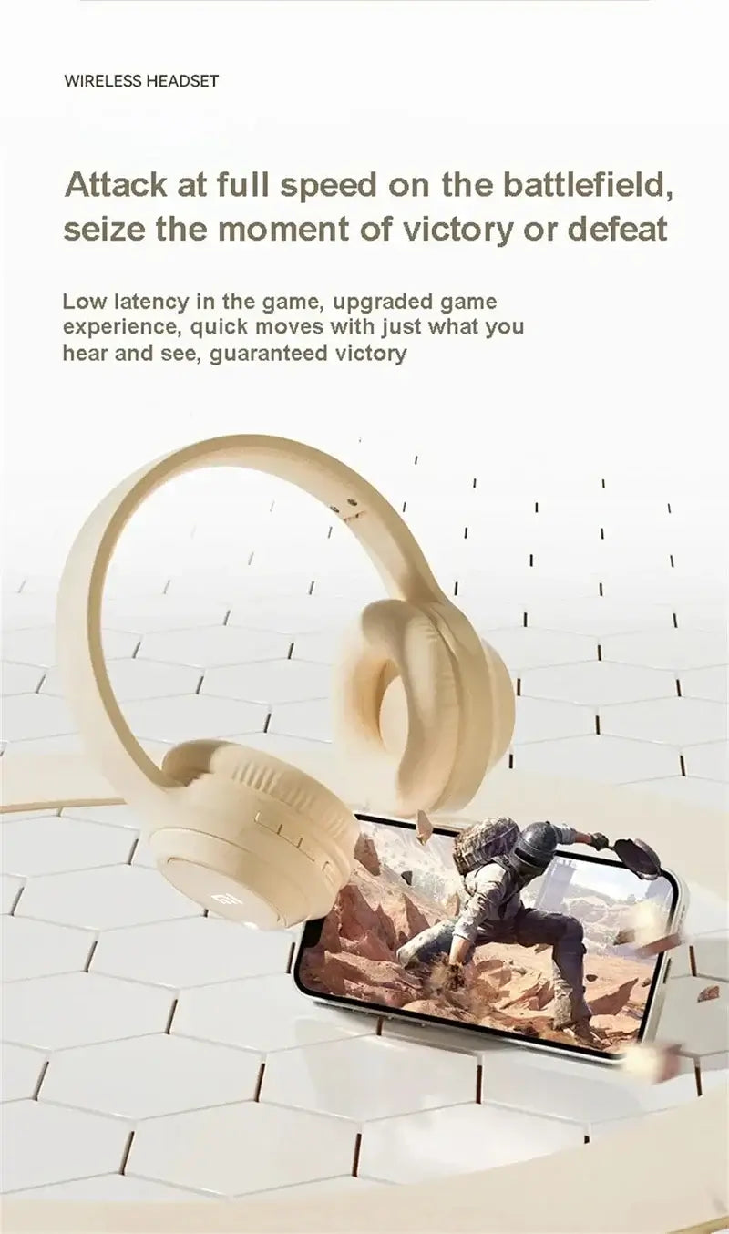 Wireless headset on a table next to a gaming phone, highlighting low latency and an enhanced gaming experience.