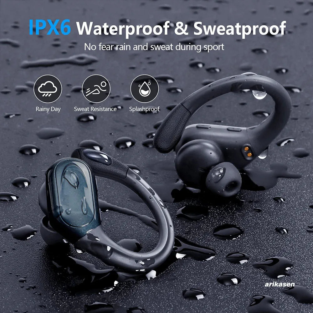 Wireless Earbuds Sport Bluetooth 5.3 Headphones with Noise Cancelling Mic 75H HiFi Stereo Over Ear Bud LED Display USB-C IPX6