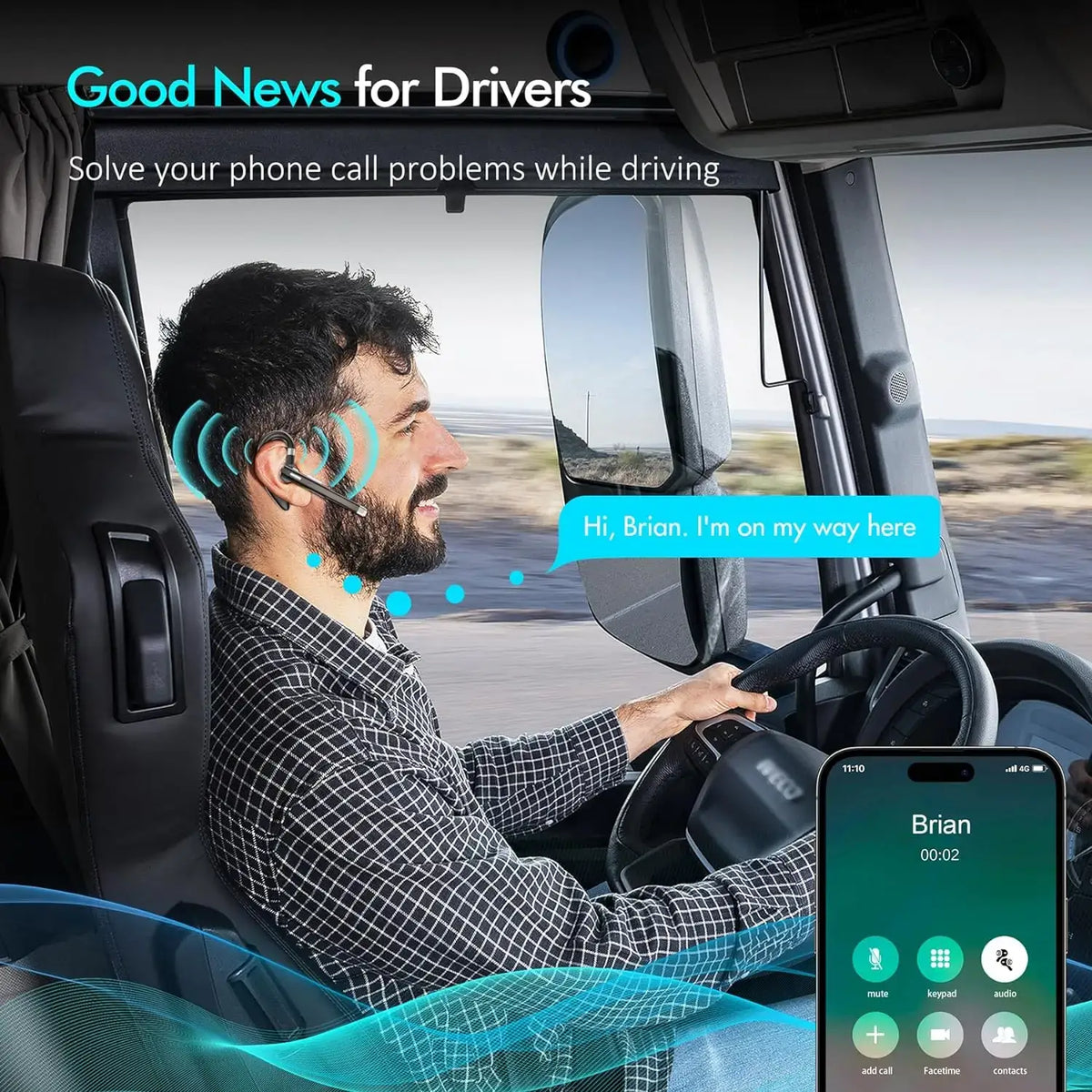 Bluetooth earphone user driving, hands-free calling, promoting safe communication on the road.