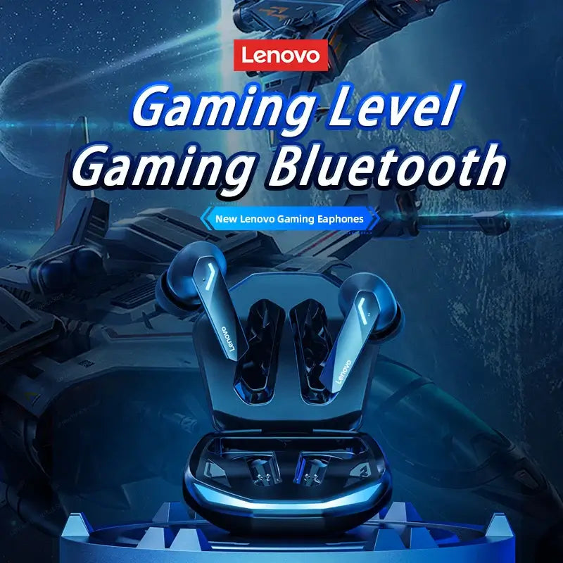 Lenovo gaming Bluetooth earphones displayed in a futuristic setting with bold text highlighting "Gaming Level."