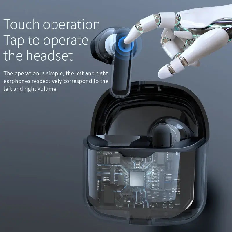 Touch operation guide for CB&JBL J225 TWS earphones showing headset controls and inner circuitry in a transparent case design.