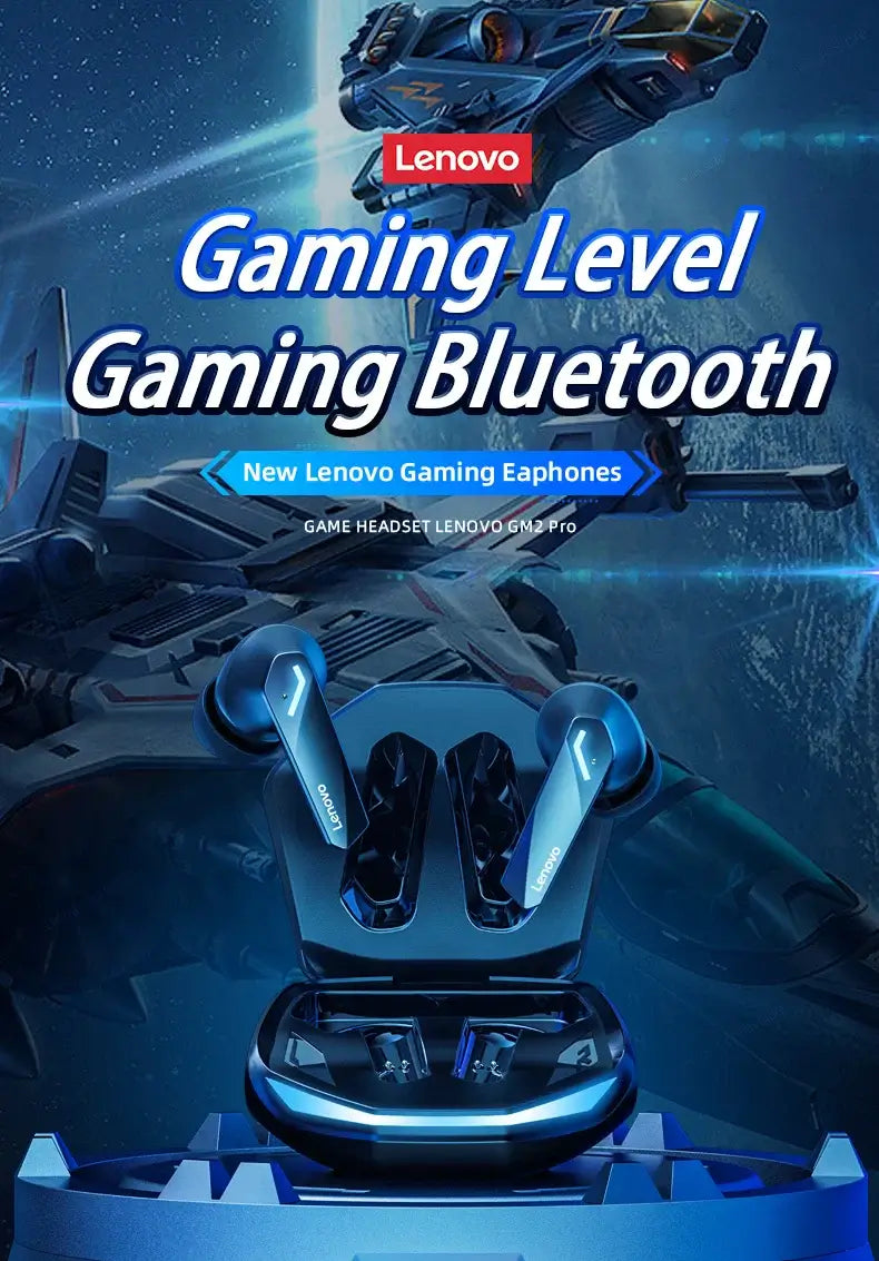 Lenovo gaming Bluetooth earphones with sleek design and charging case, perfect for immersive gaming experiences.