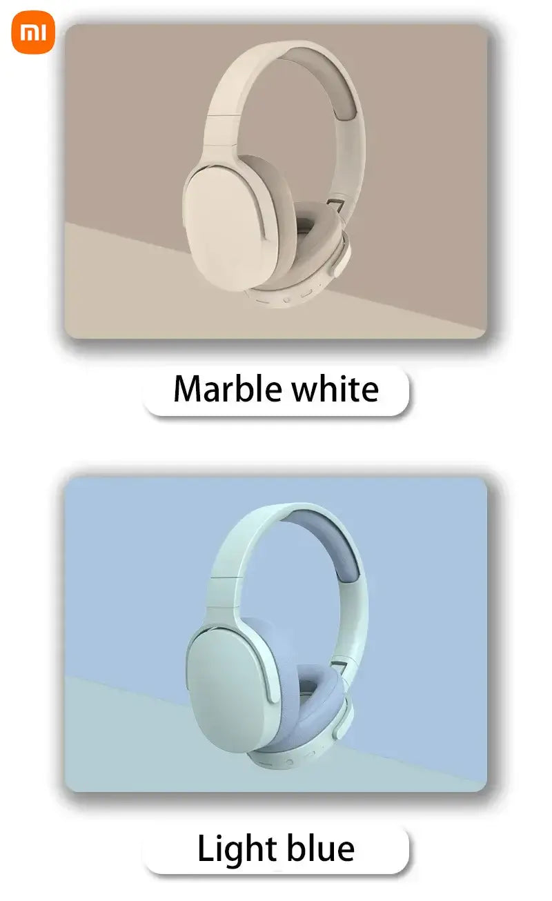 Xiaomi wireless headphones in marble white and light blue colors, showcasing stylish design for modern earphones.