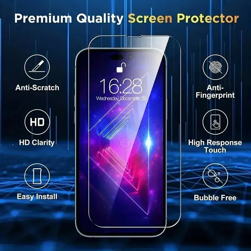 Protector de pantalla de vidrio templado de dureza 9H para iPhone 15, 14 Plus, 13, 12, 11 Pro Max, película protectora para iPhone X, XR, XS Max