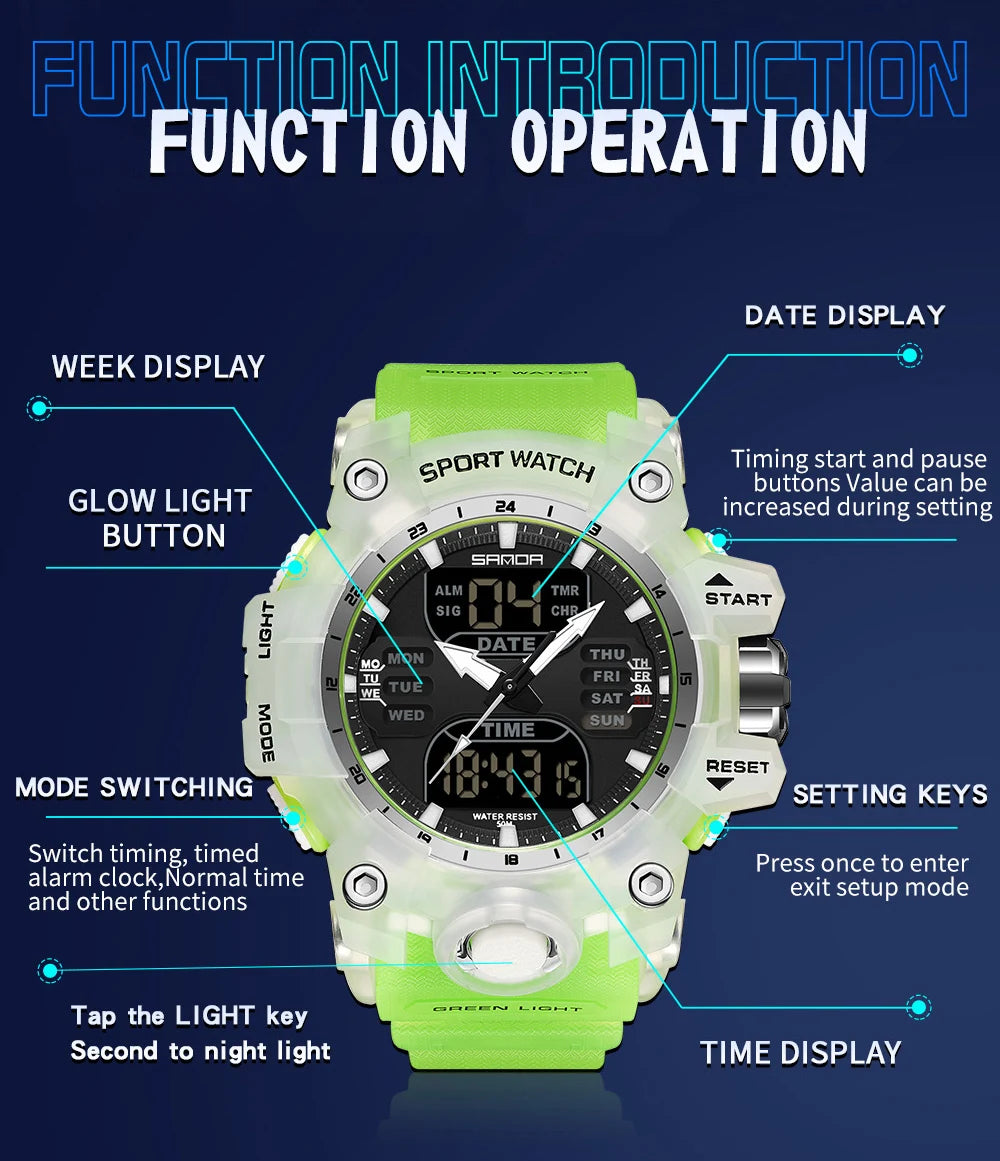 SANDA Reloj electrónico de lujo estilo G para hombre, para deportes al aire libre, LED, analógico, digital, cronógrafo, militar, pantalla dual, resistente al agua hasta 50 m